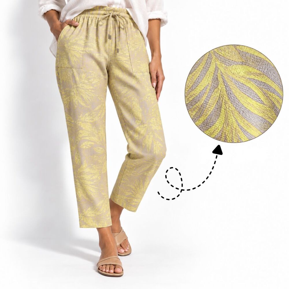 Calvin Klein Linen Blend Pants M Beige Yellow Tropical Ankle Crop Drawstring